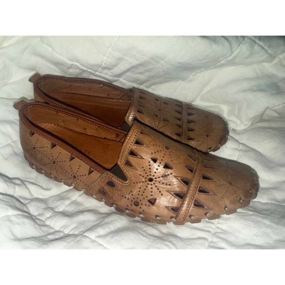 Spring Step Tan Brown Leather Laser Cut Perforated Loafers Shoes Womens 41
